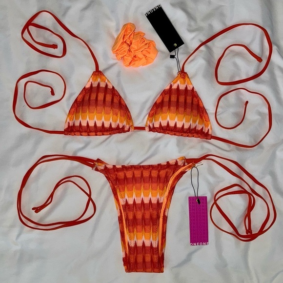 NWT OneOne Swimwear Bikini SET Samana Cay Crochet New Orange Red Knit Zigzag - Picture 3 of 17